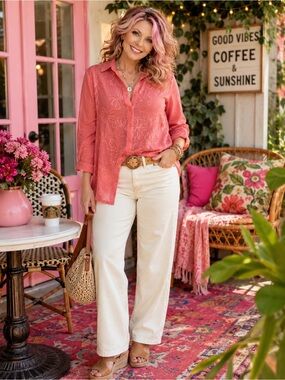 Vintage Tradition Coral Sheer Embroidered Floral Button-Up Blouse Size 12 Boho